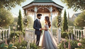 "bride and groom holding hands at a gazebo."