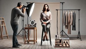 "A photoshoot of a woman sitting on a stool."